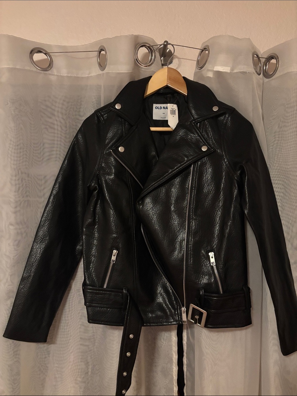 Old Navy Black Faux Leather Biker Jacket with Belt
